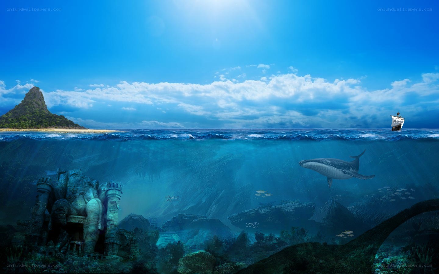 Sunlit ocean with ship and whale