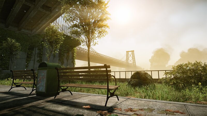 Sunlit park bench under bridge