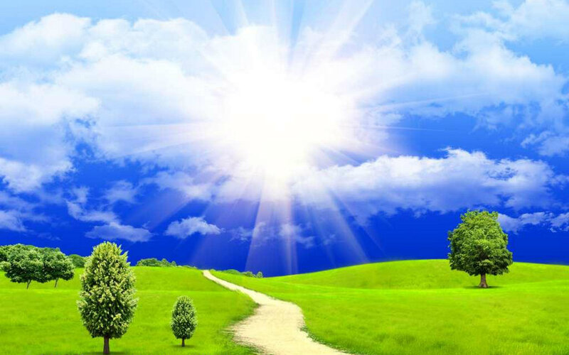 Sunlit Path Through Green Hills — Serene