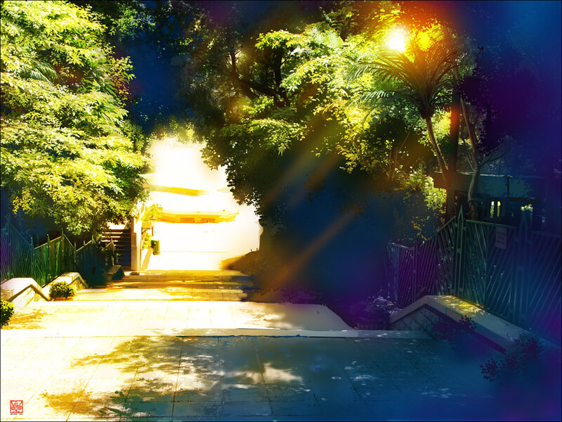 Sunlit path through trees