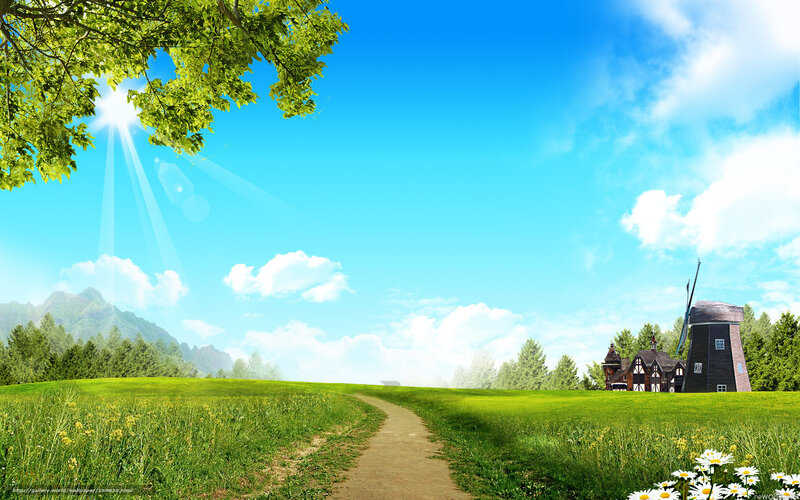 Sunlit path to windmill