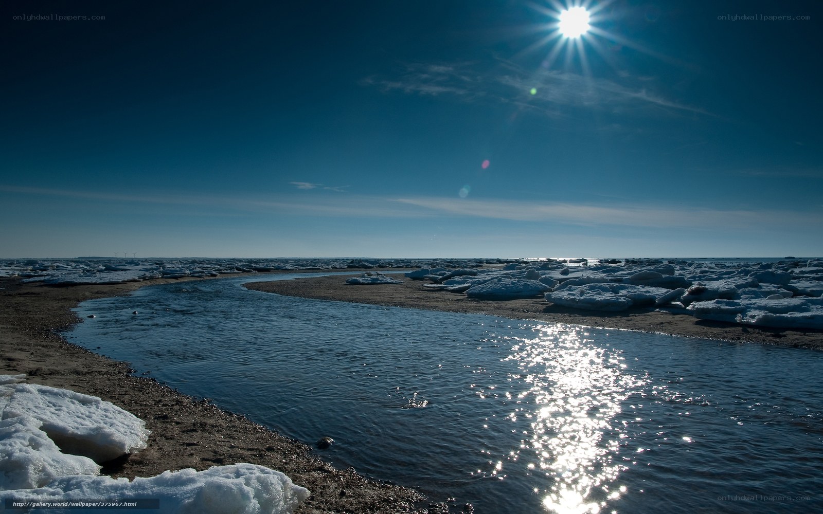Sunlit river with ice floes