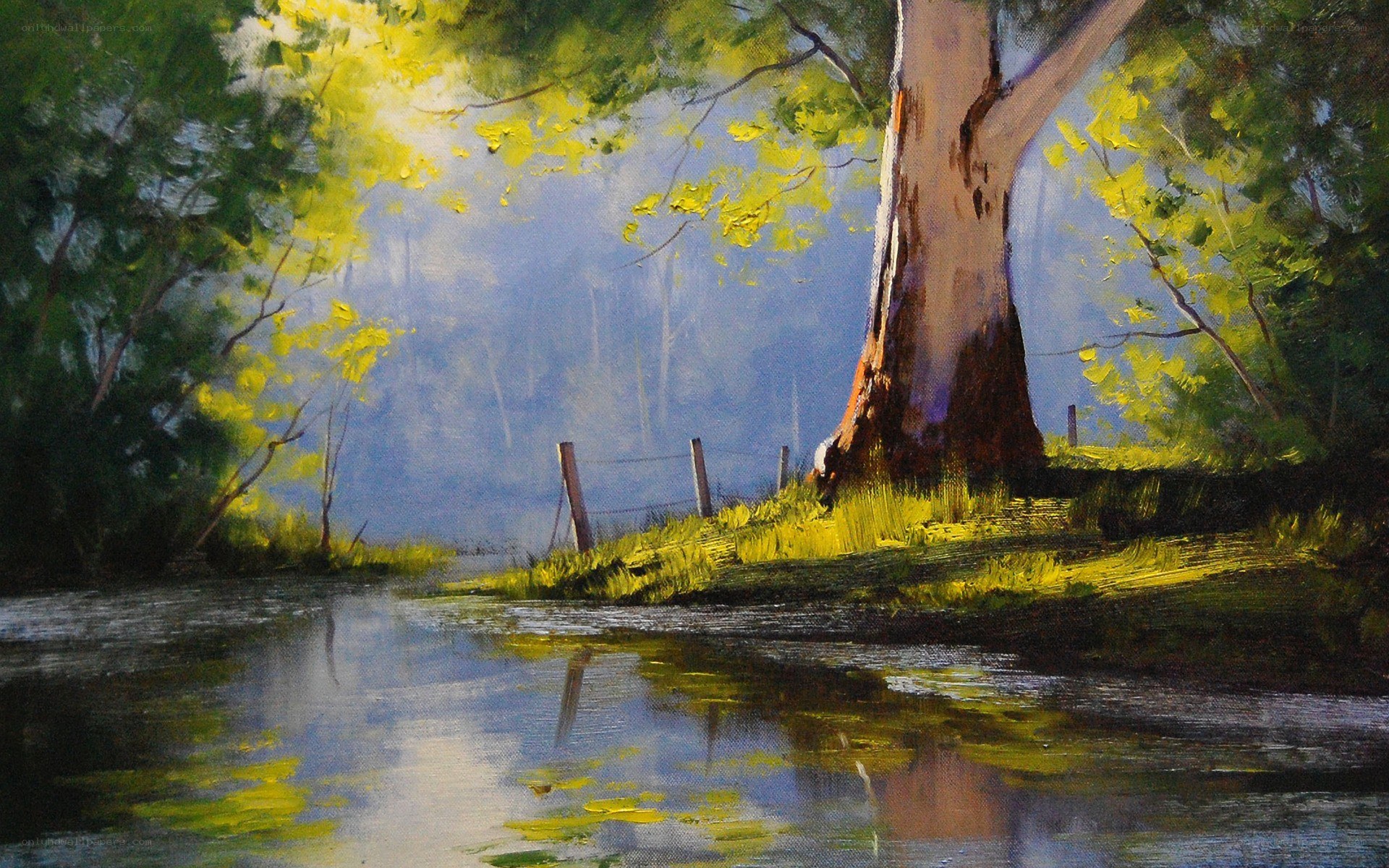 Sunlit riverbank painting