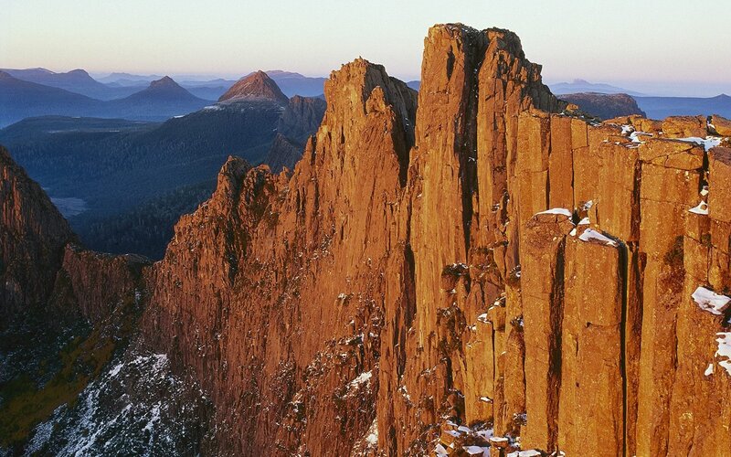 Sunlit rock formations at dawn