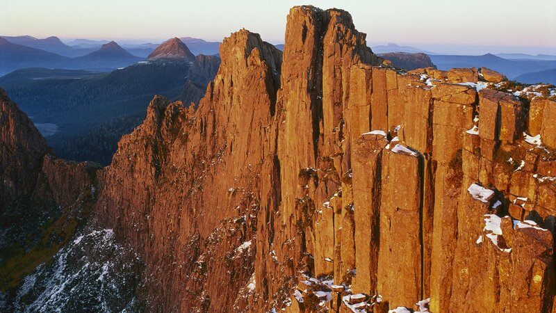 Sunlit rock spires at dawn