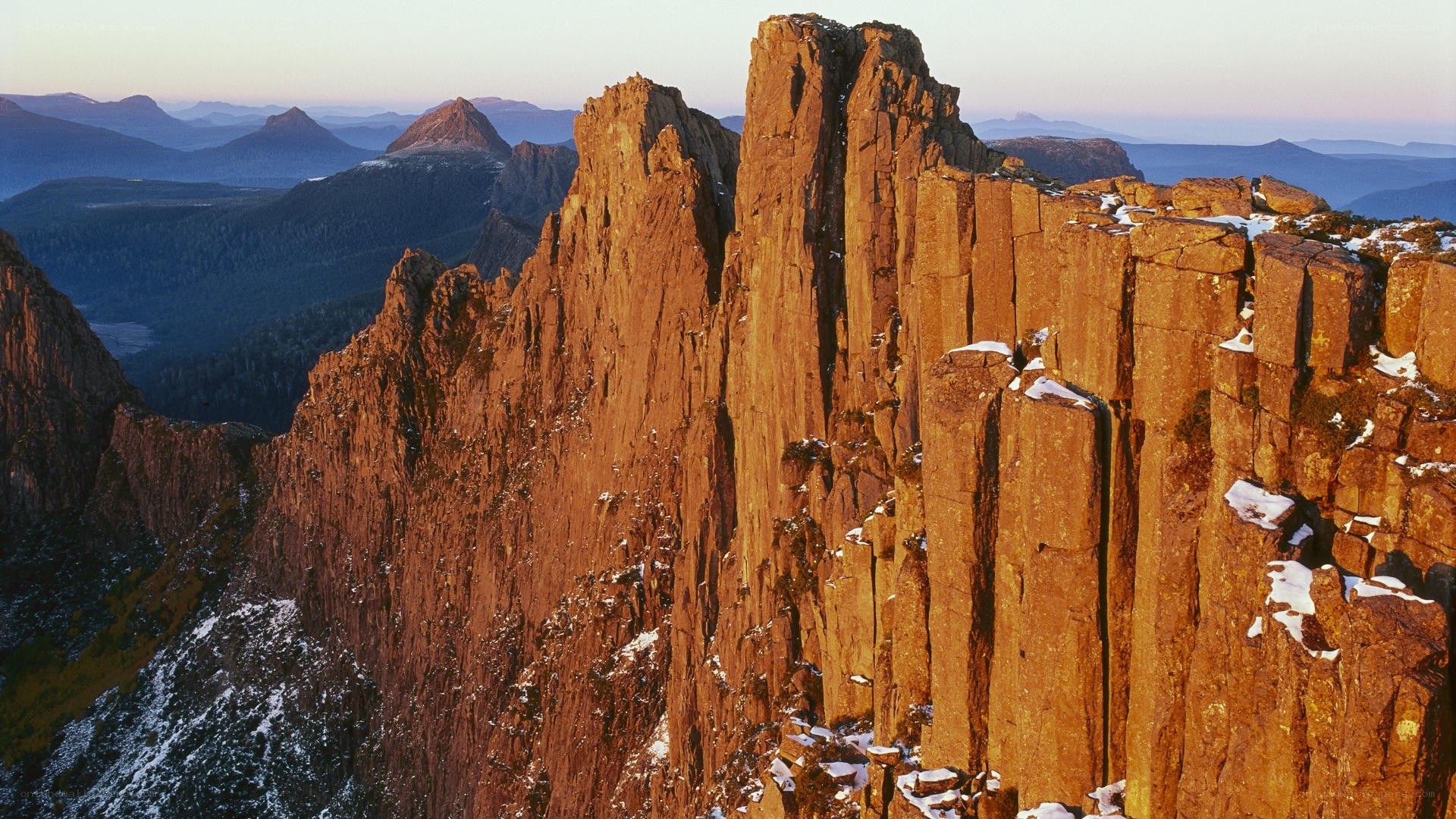 Sunlit rock spires at dawn