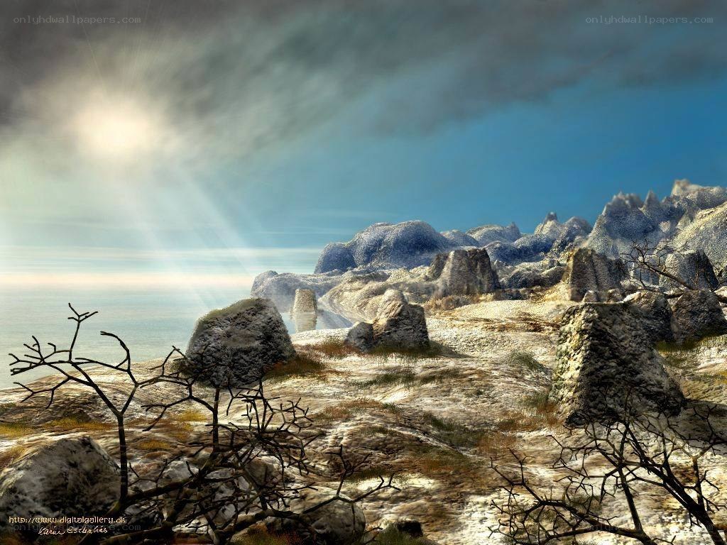 Sunlit rocky coastal landscape