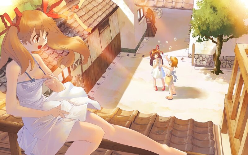 Sunlit rooftop scene with girls