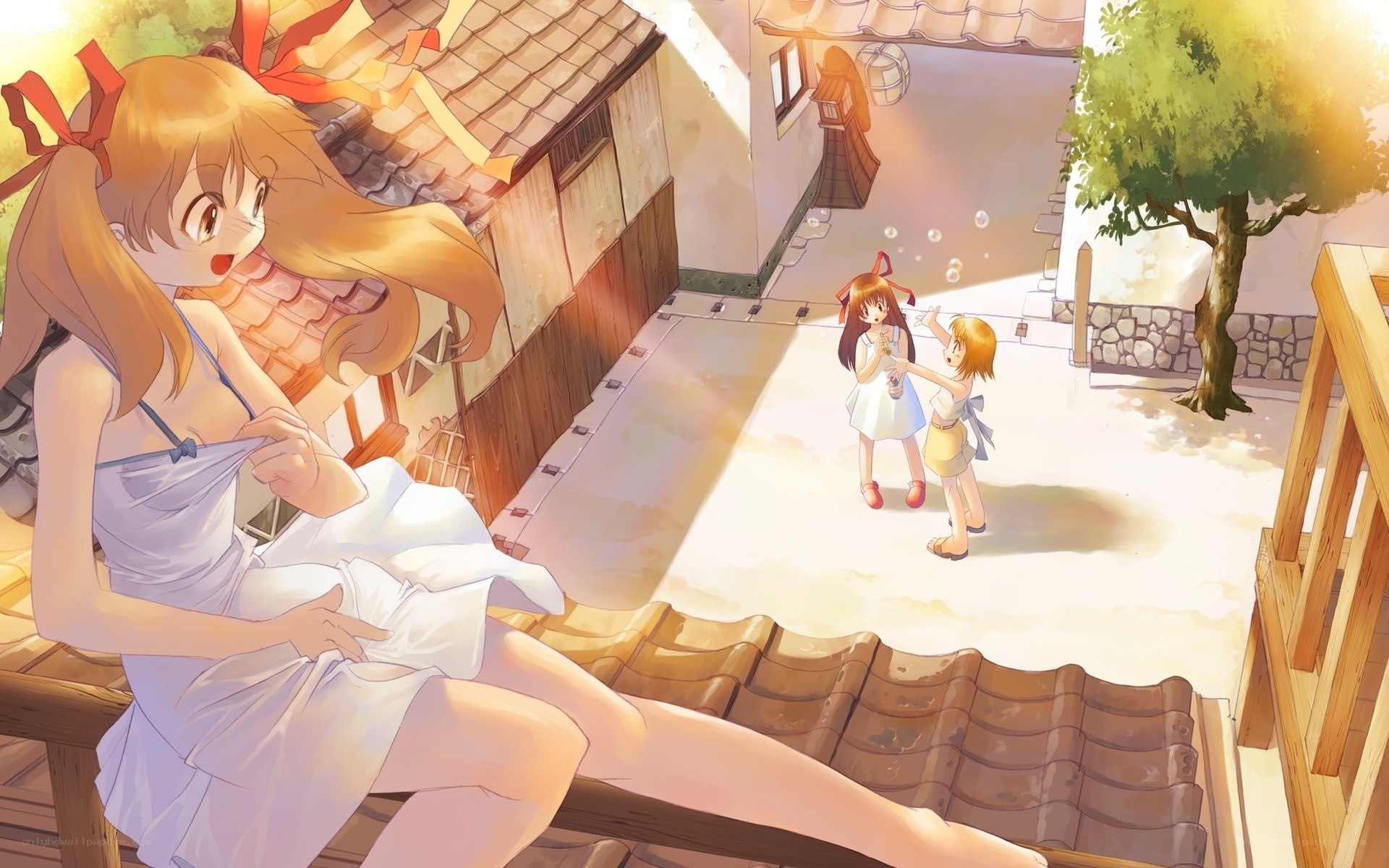 Sunlit rooftop scene with girls