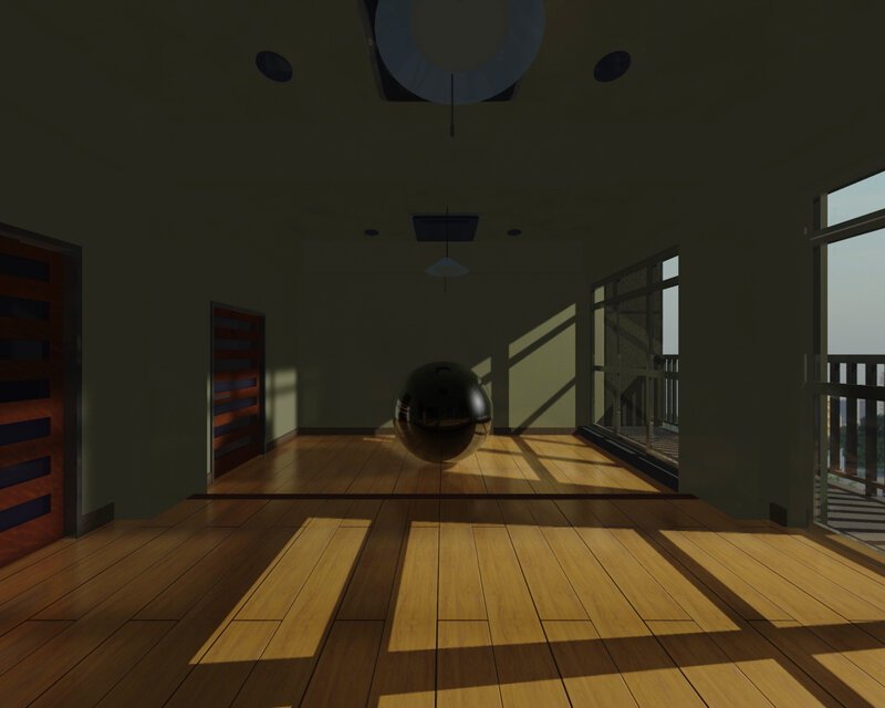 Sunlit room with reflective sphere