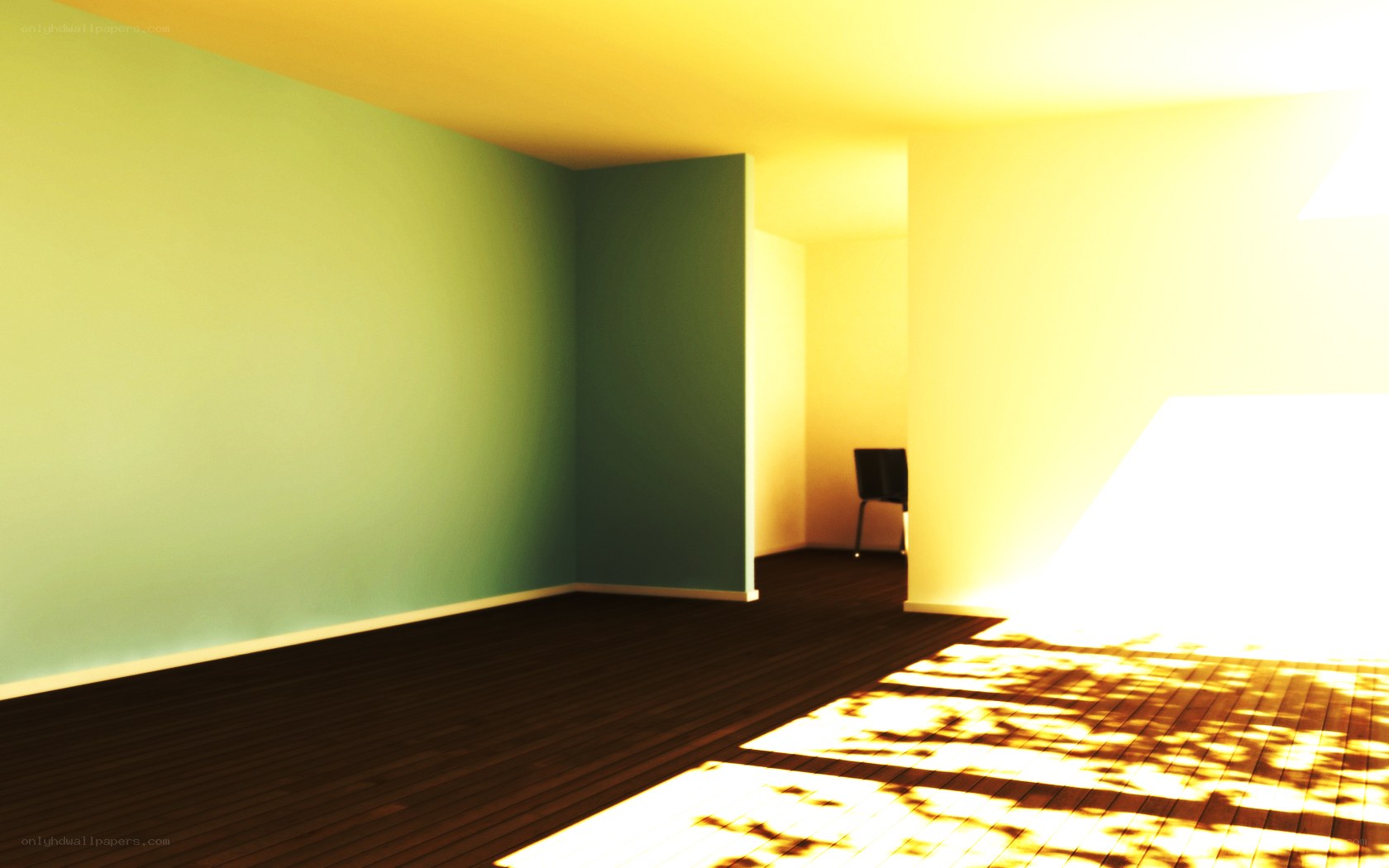 Sunlit room with wooden floor