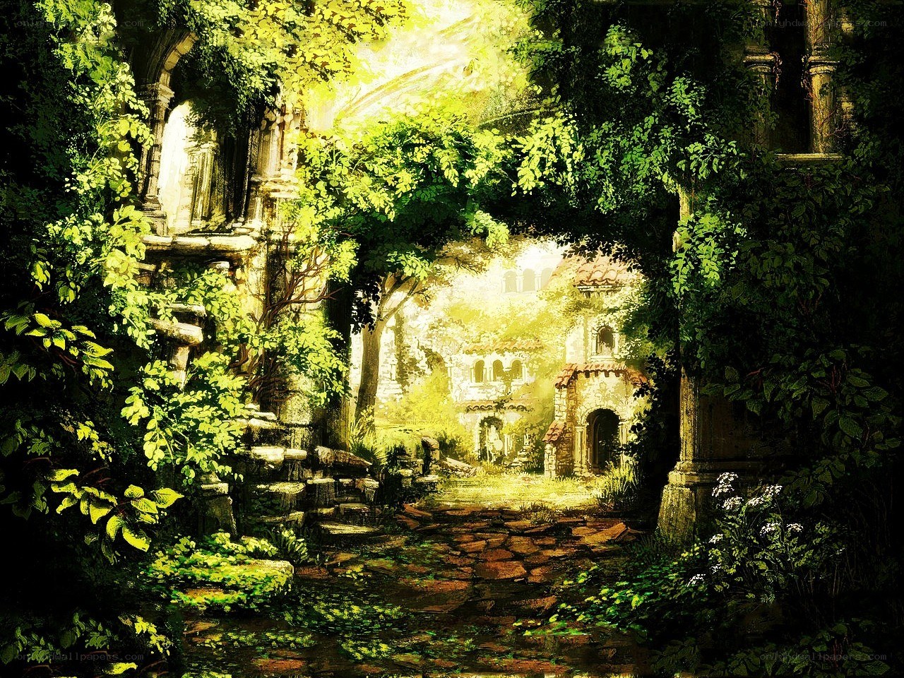 Sunlit ruins overgrown with greenery