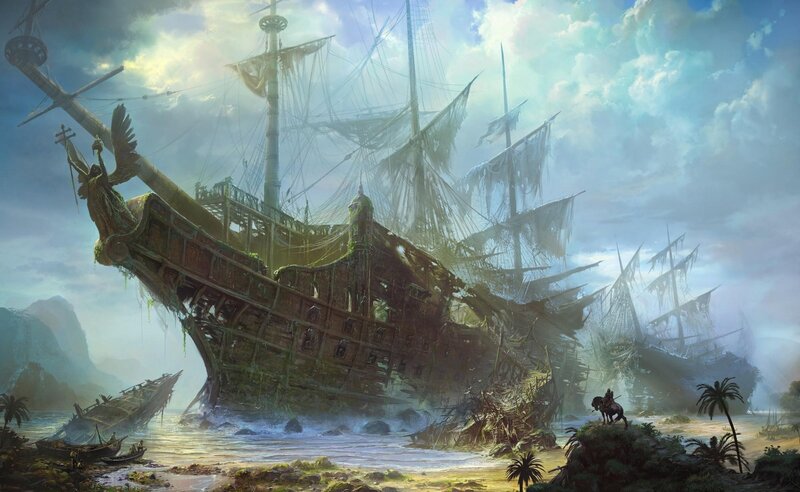 Sunlit shipwreck on a tropical shore