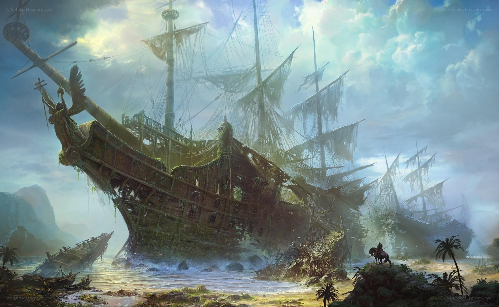 Sunlit shipwreck on a tropical shore