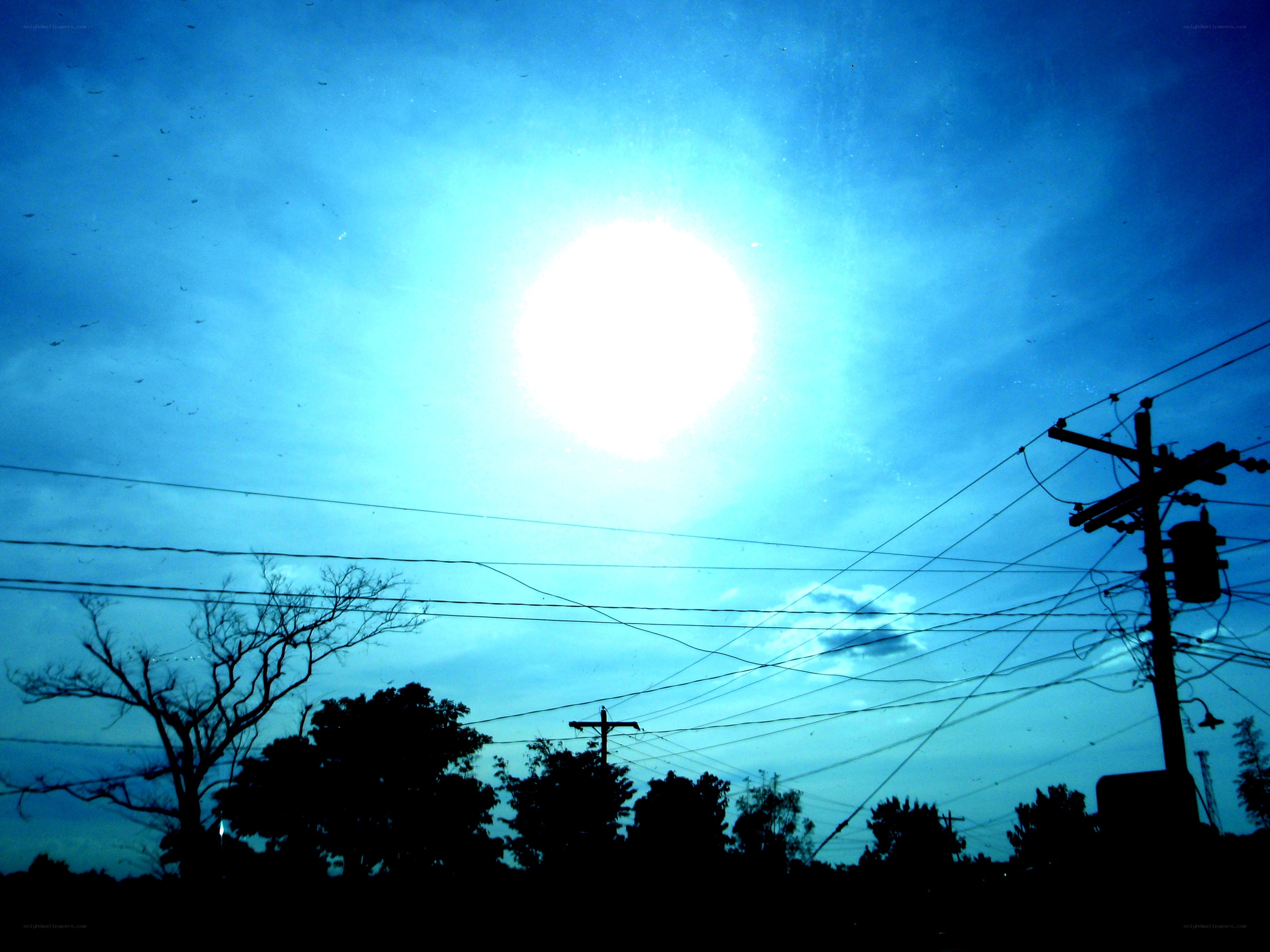 Sunlit sky with power lines