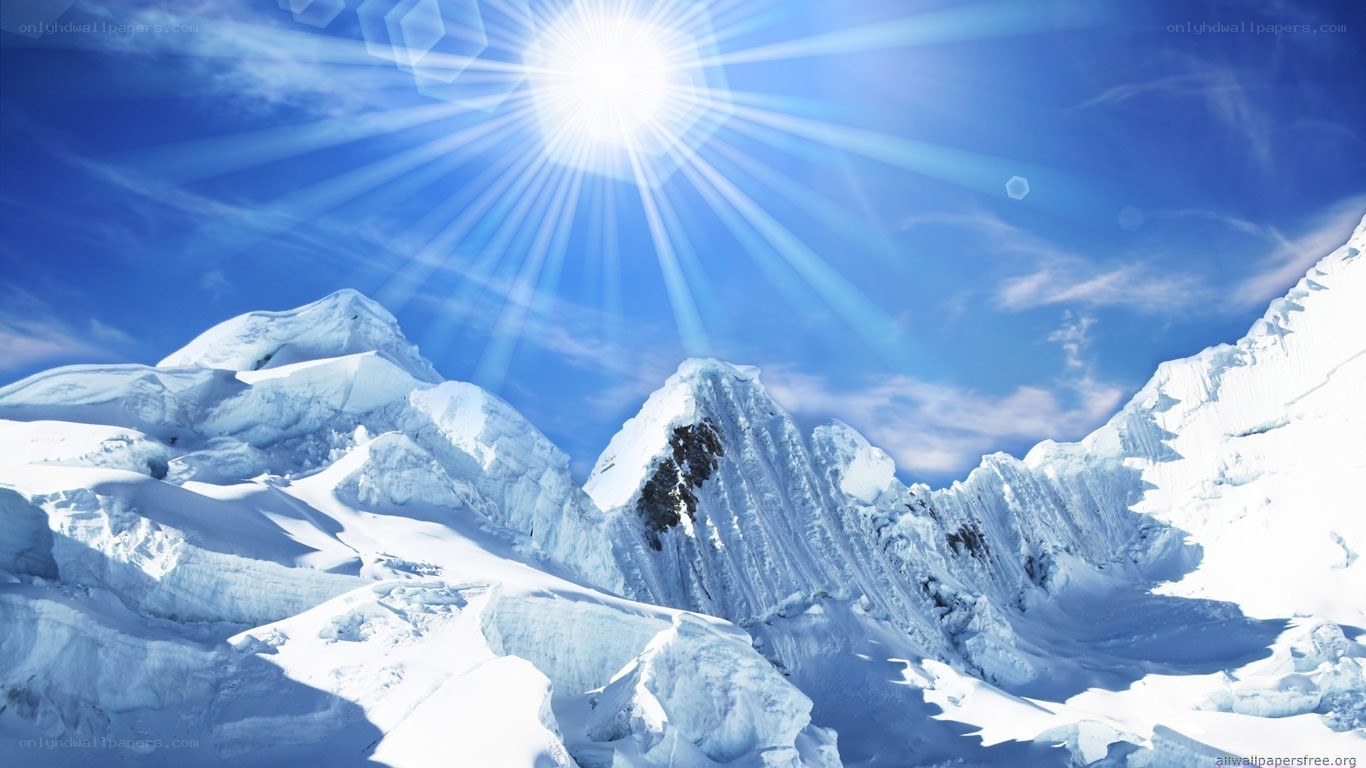 Sunlit snow-capped mountains