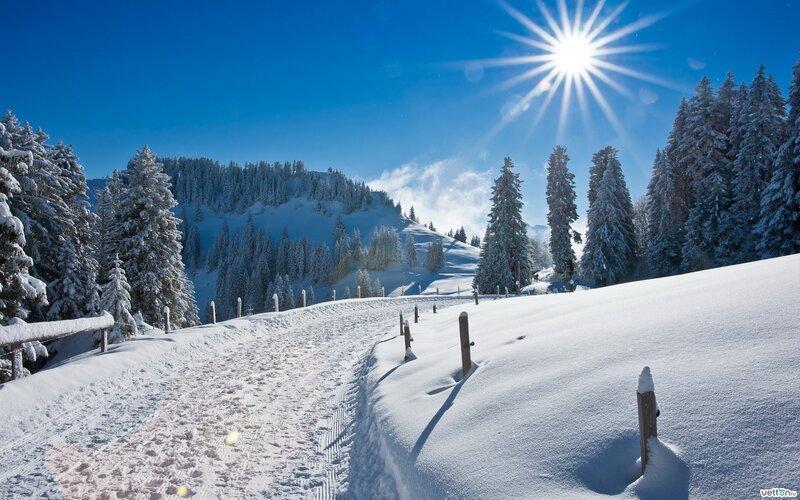Sunlit snowy mountain path