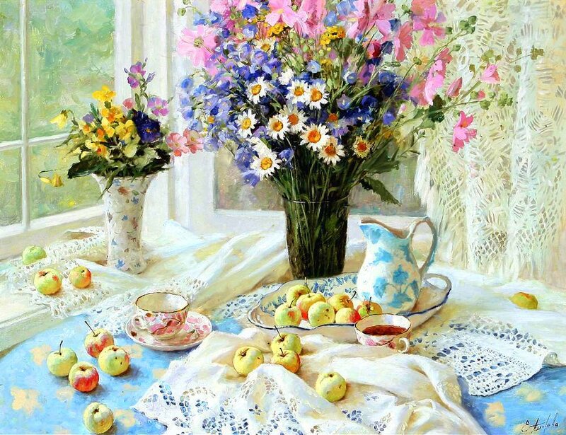 Sunlit still life with flowers and apples