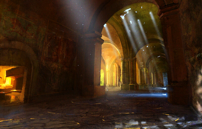 sunlit stone corridor