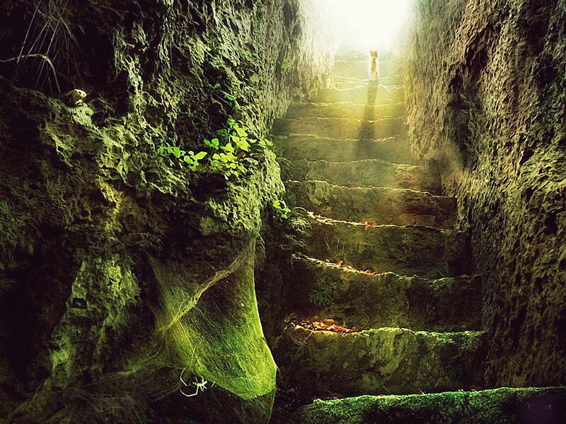 Sunlit stone stairs in a cave