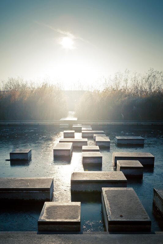Sunlit stone steps in water