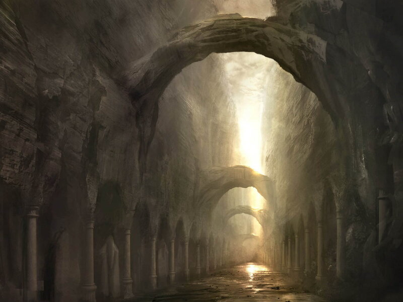 Sunlit stone tunnel