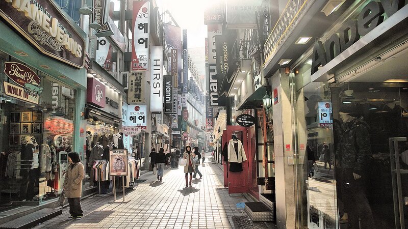 Sunlit street in Seoul shopping district