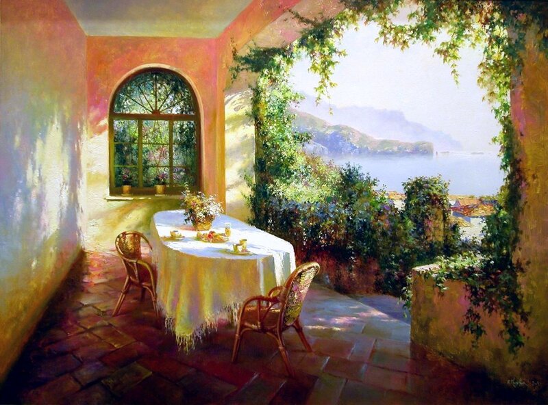 Sunlit terrace with sea view