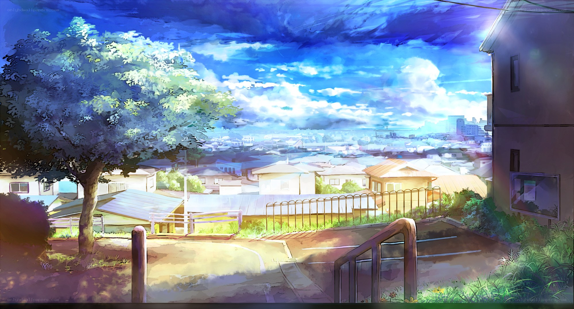 Sunlit town view from hill