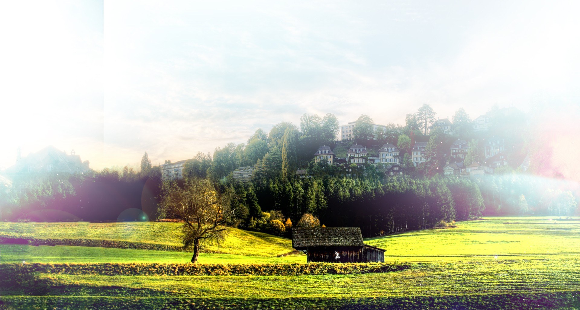 Sunlit village on a hill