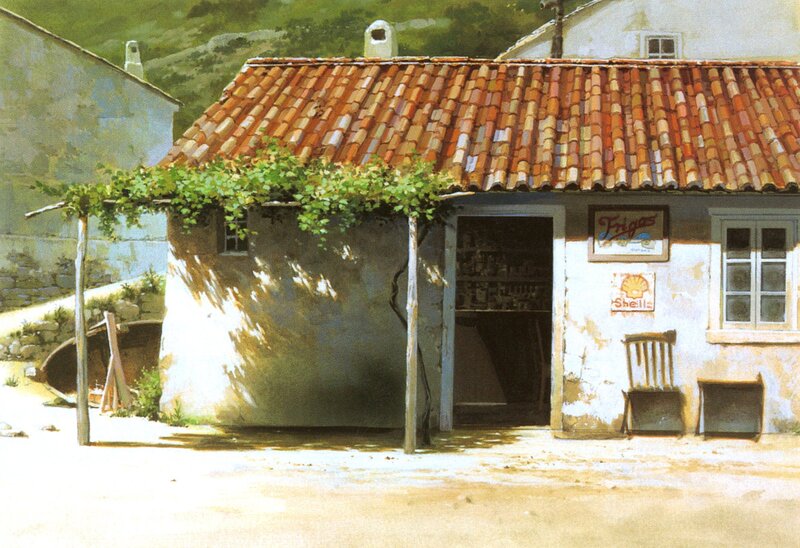 Sunlit village shop with tiled roof