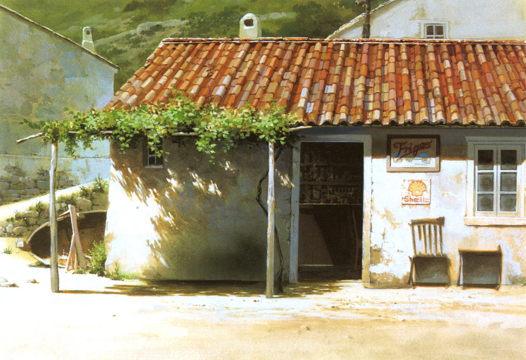 Sunlit village shop with tiled roof
