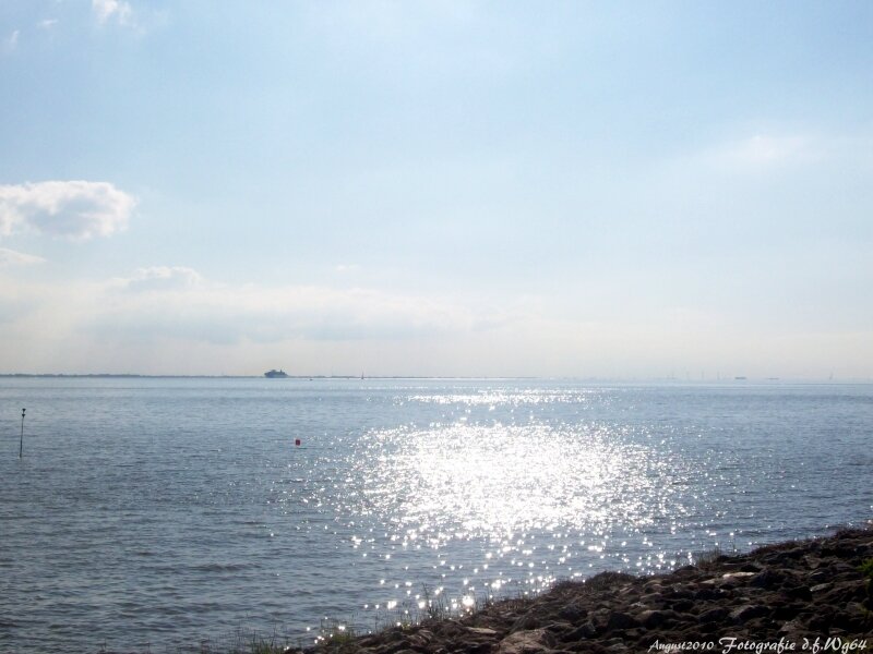 Sunlit water with distant ship