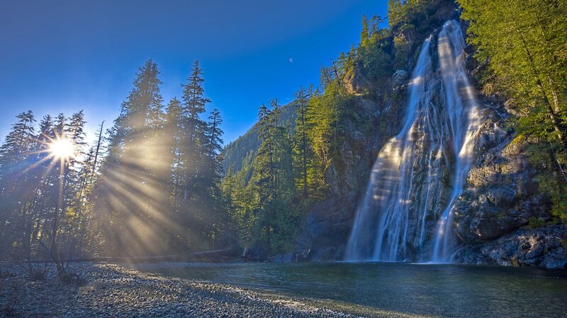Sunlit waterfall in forest