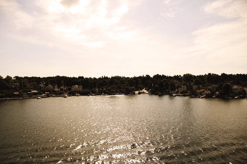 Sunlit waterfront village