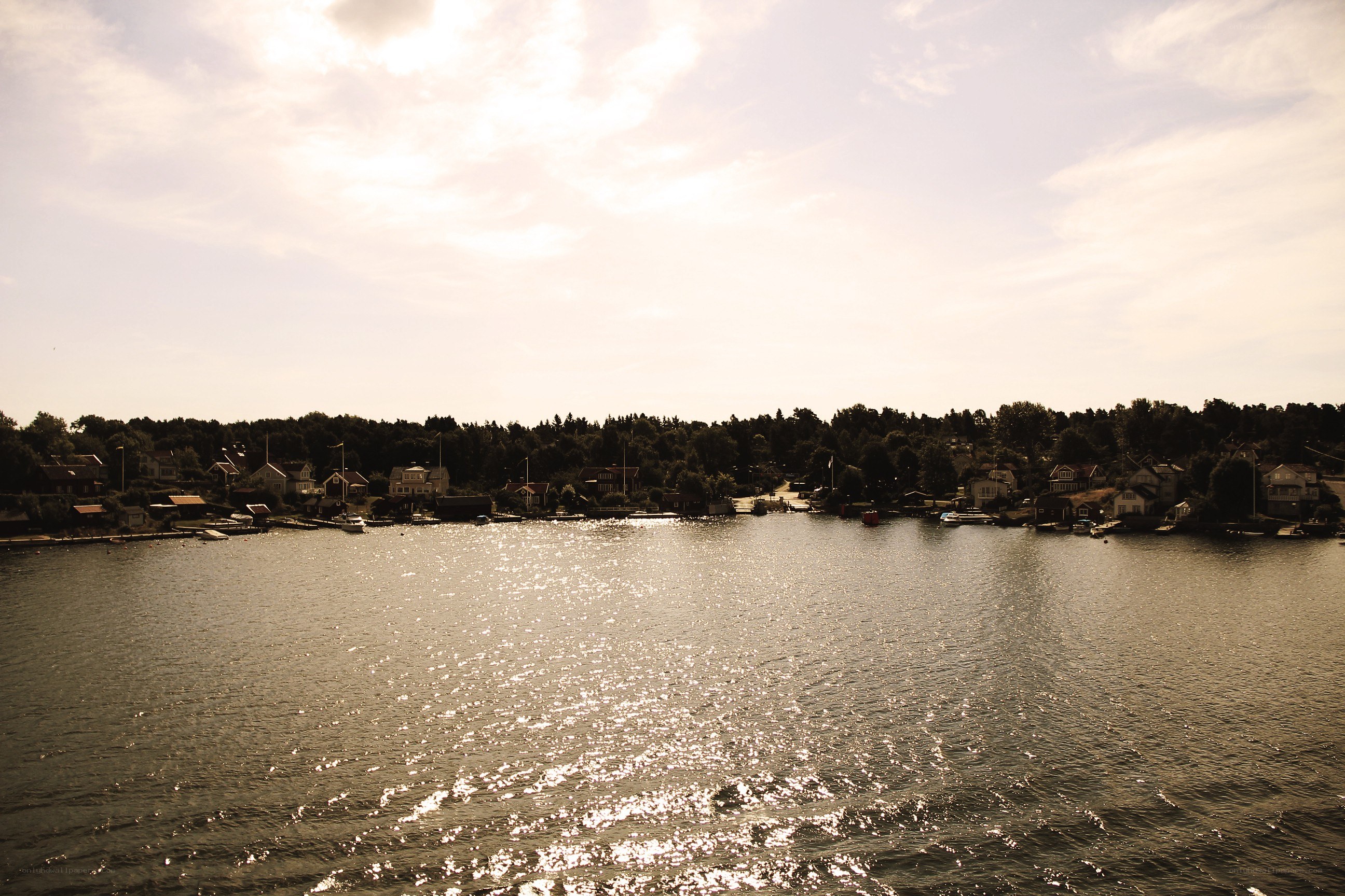 Sunlit waterfront village