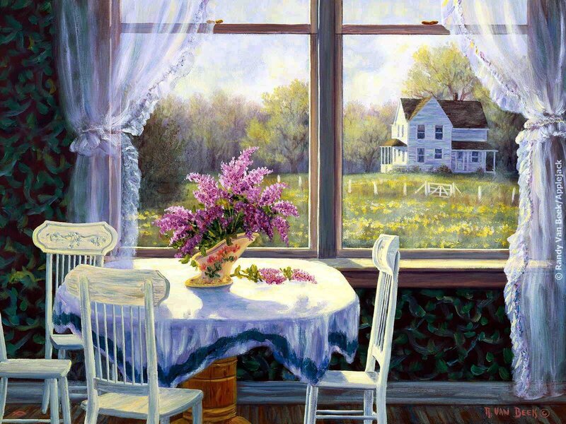 Sunlit window with lilacs