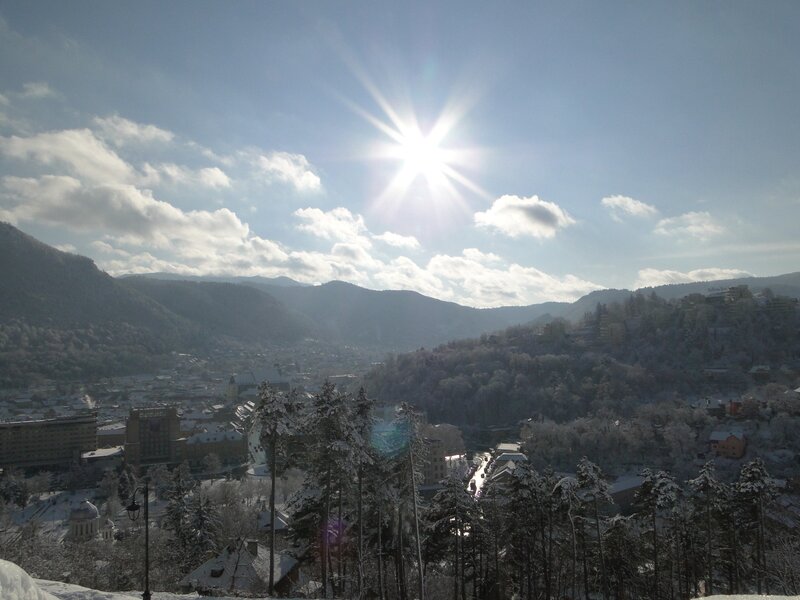 Sunlit winter town view