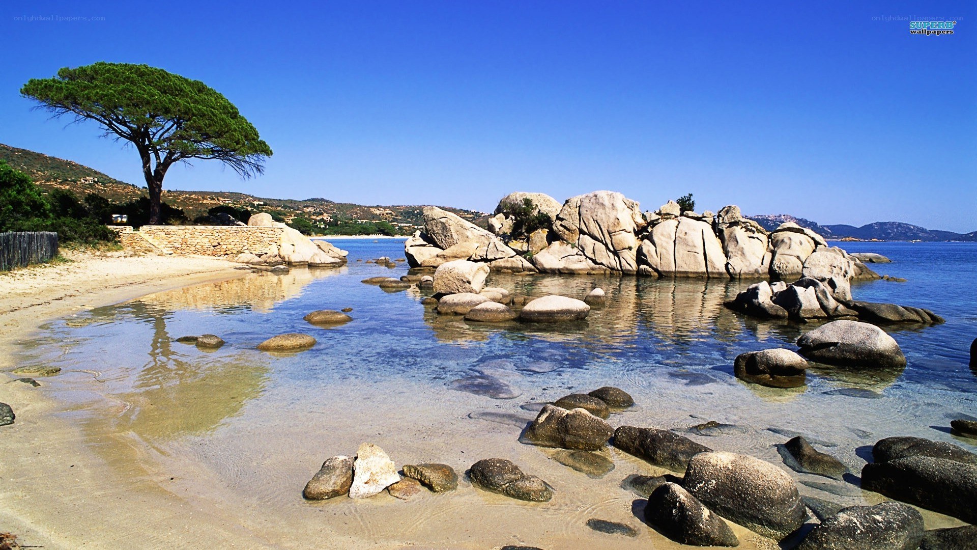 sunny beach with rocky shore