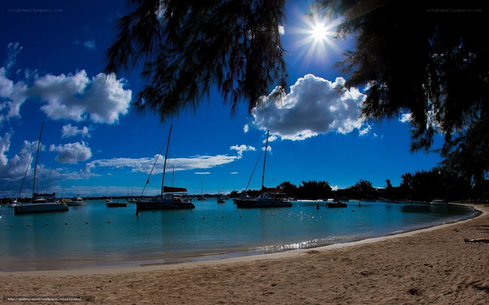 Sunny beach with sailboats