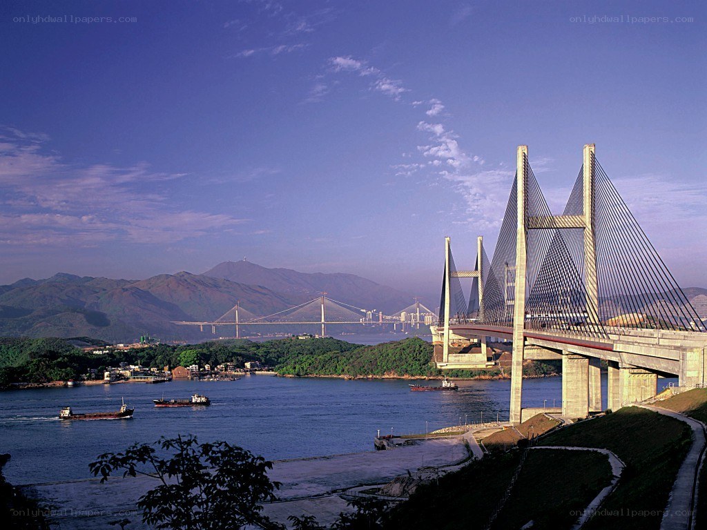 Sunny day at a cable-stayed bridge