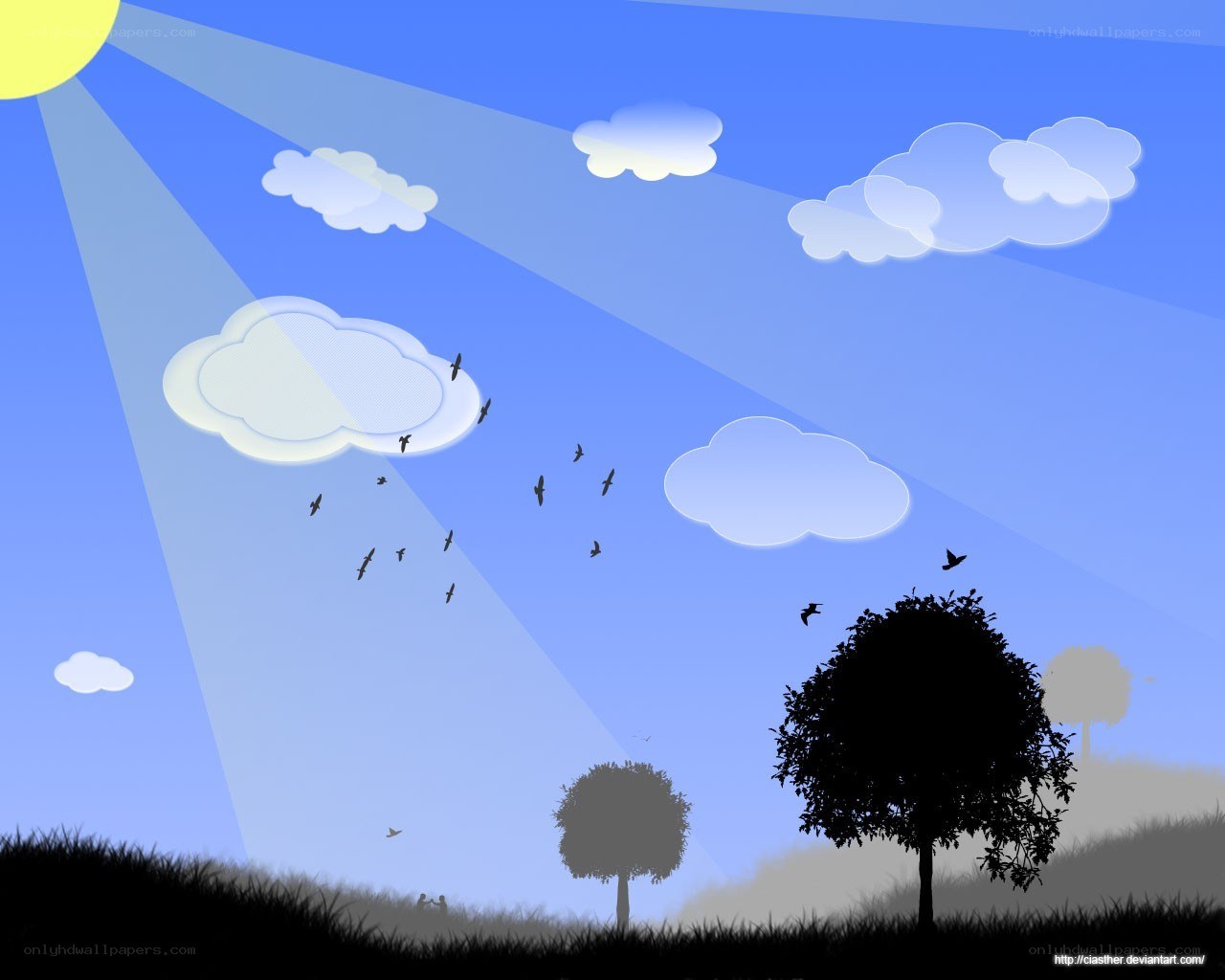 sunny day with birds and trees