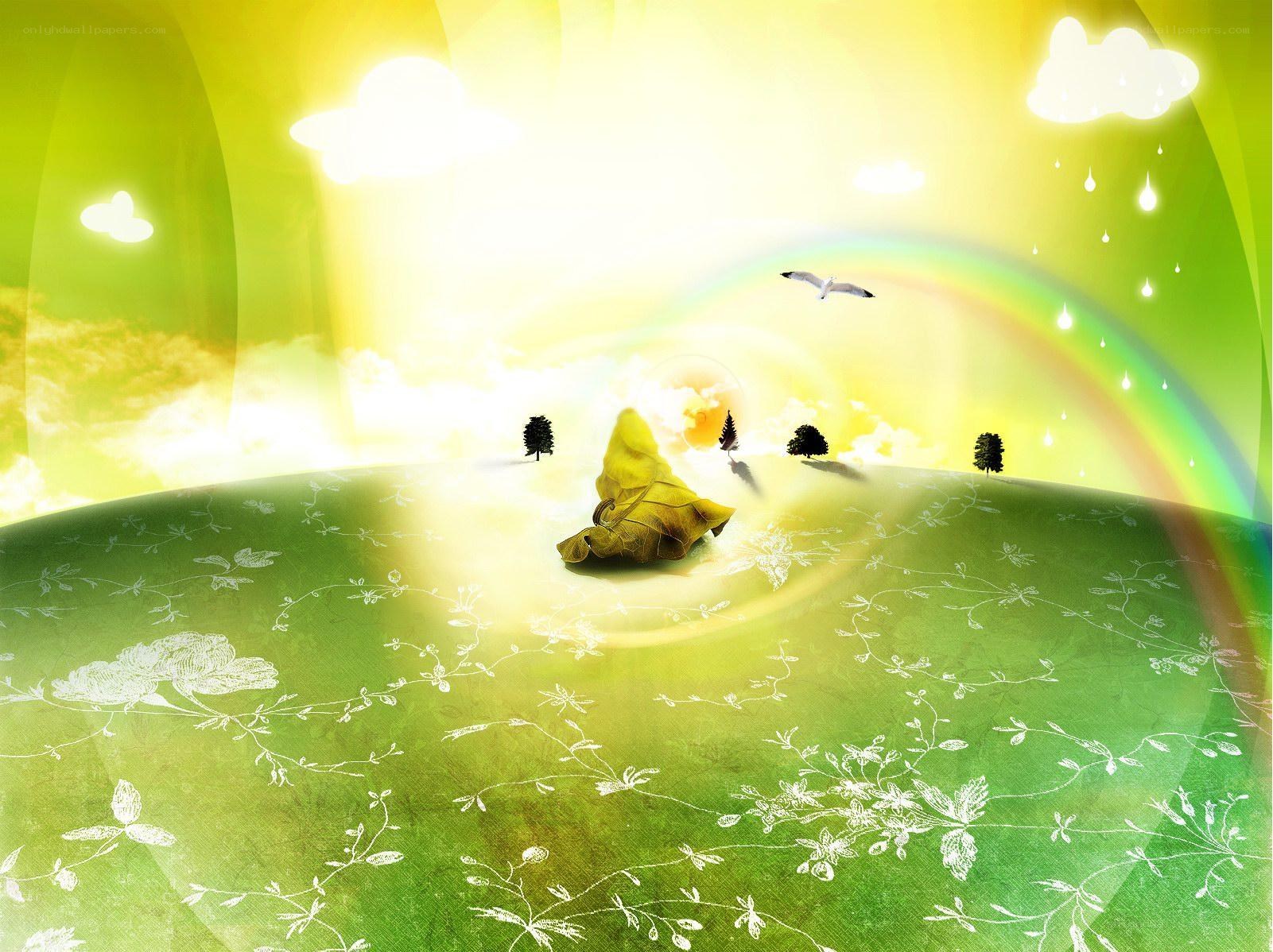 sunny landscape with rainbow
