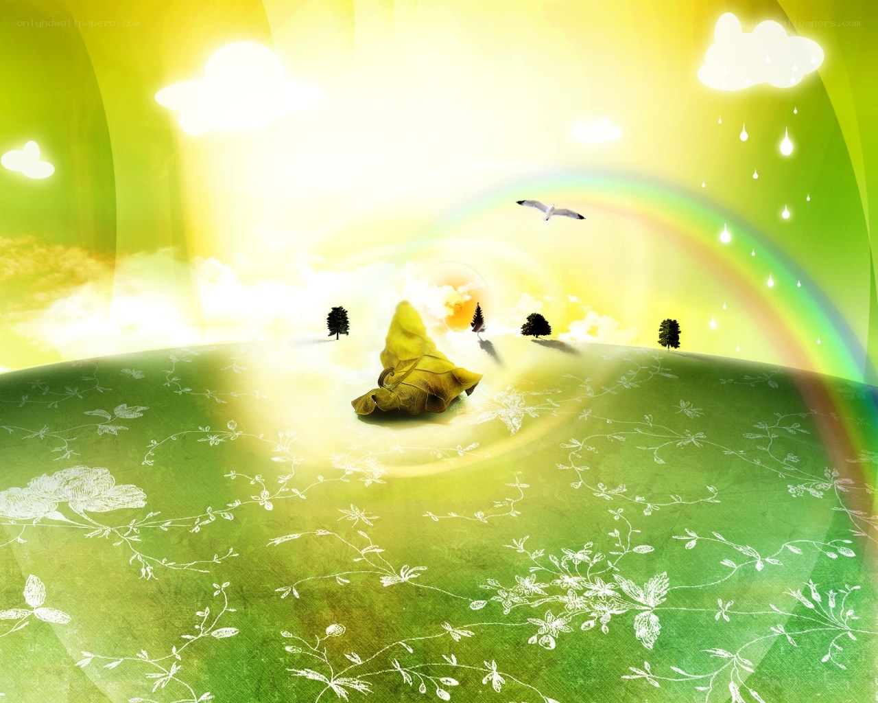 sunny landscape with rainbow