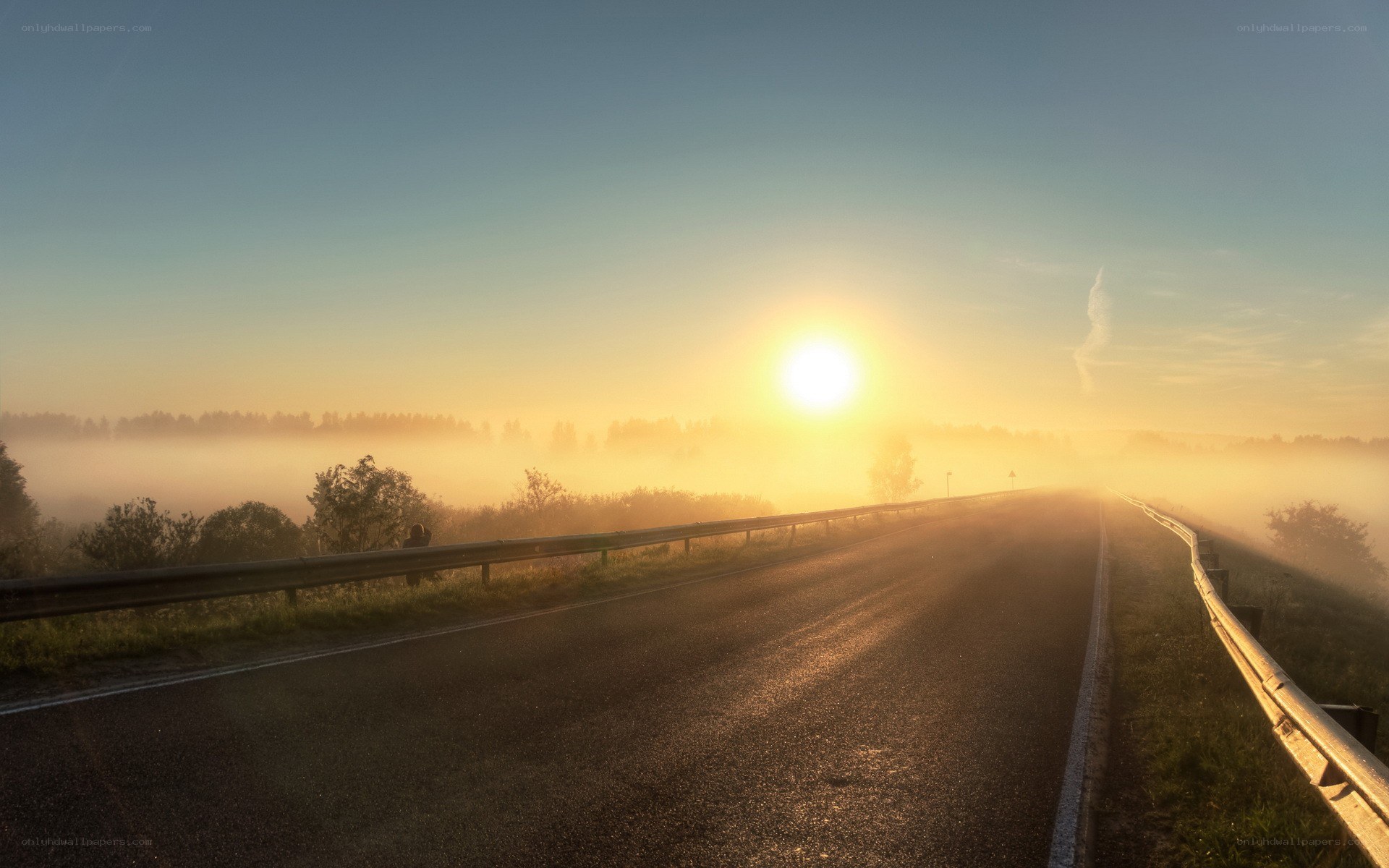 Sunrise on a misty road