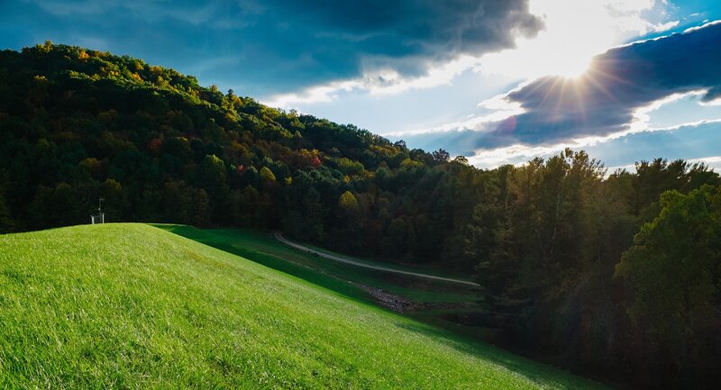 Sunrise over a forested valley