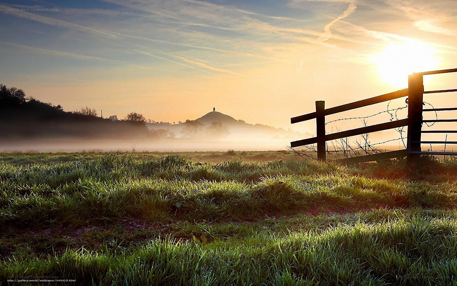 Sunrise over a misty field
