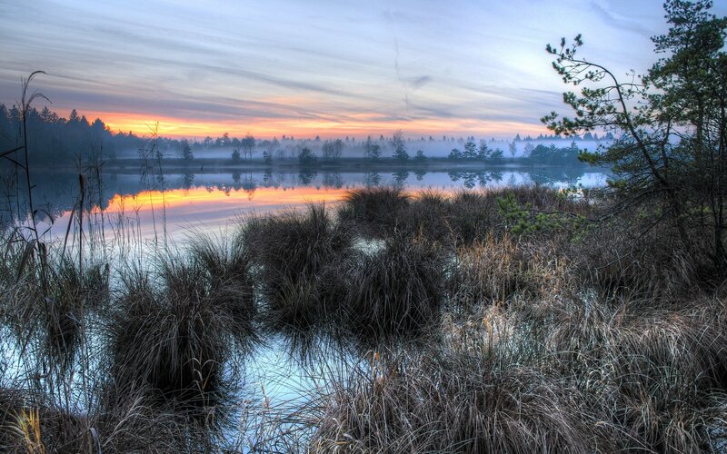 Sunrise over a misty lake
