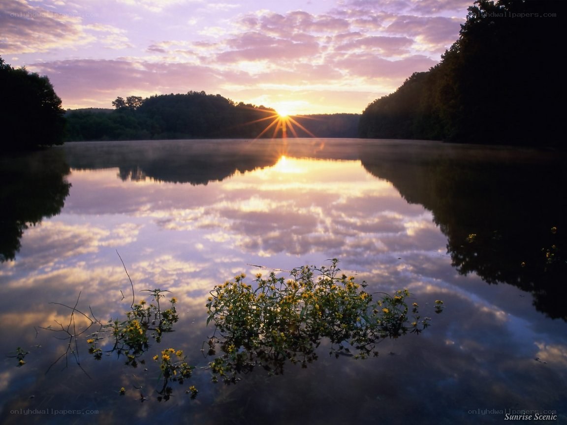 Sunrise over a misty lake