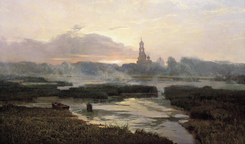 Sunrise over a river landscape